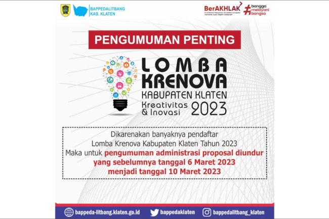 Pengumaman : Pengunduran Administrasi Proposal Lomba Krenova Kabupaten Klaten Tahun 2023