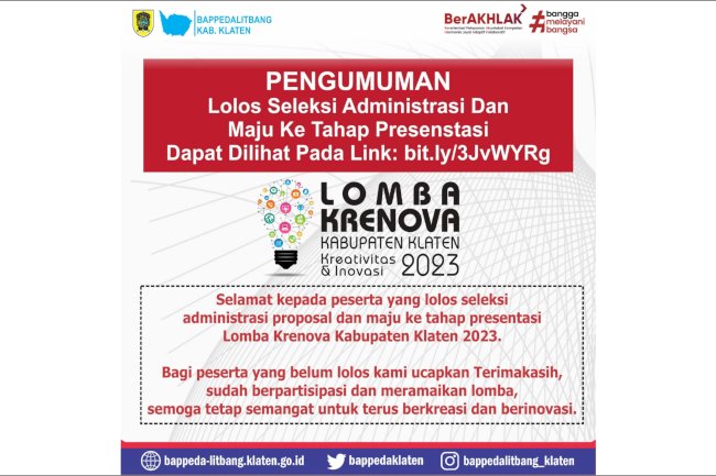 Pengumuman Lolos Seleksi Administrasi Dan  Maju Ke Tahap Presenstasi  Lomba Krenova Kabupaten Klaten 2023