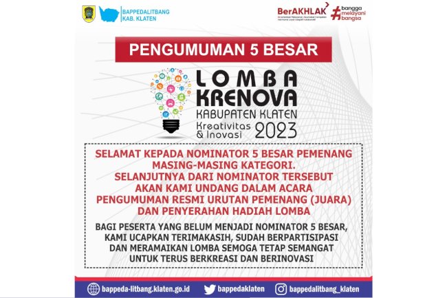 PENGUMUMAN 5 BESAR LOMBA KRENOVA KABUPATEN KLATEN TAHUN 2023
