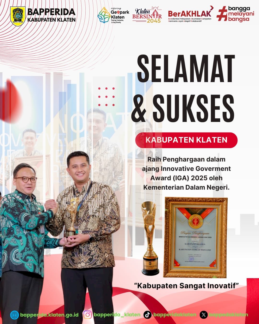 KLATEN RAIH PENGHARGAAN "KABUPATEN SANGAT INOVATIF"  di IGA AWARD 2025