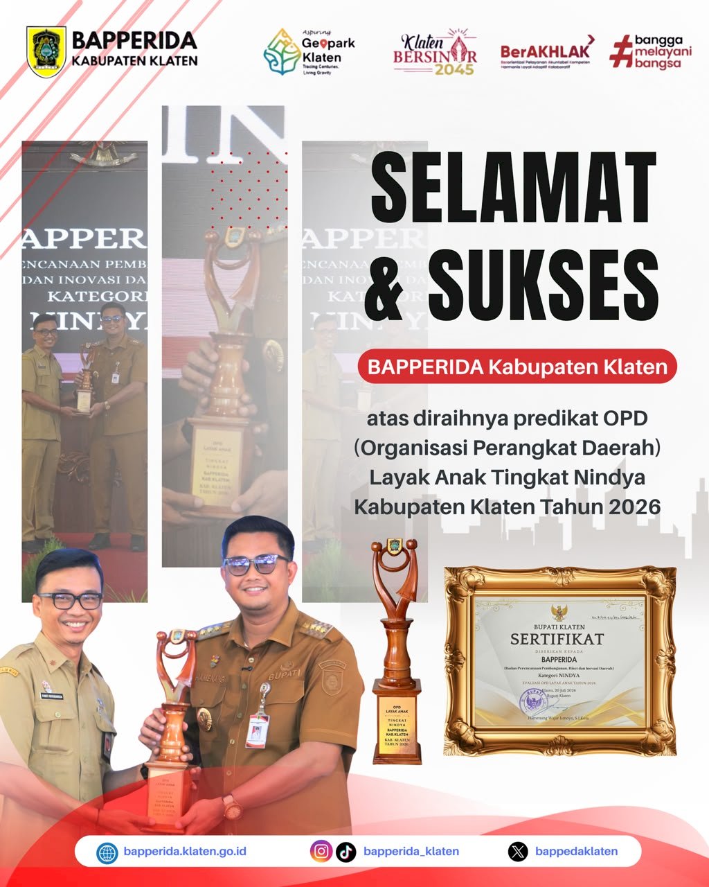 BAPPERIDA Raih Predikat OPD Layak Anak Tingkat NINDYA Kabupaten Klaten Tahun 2026